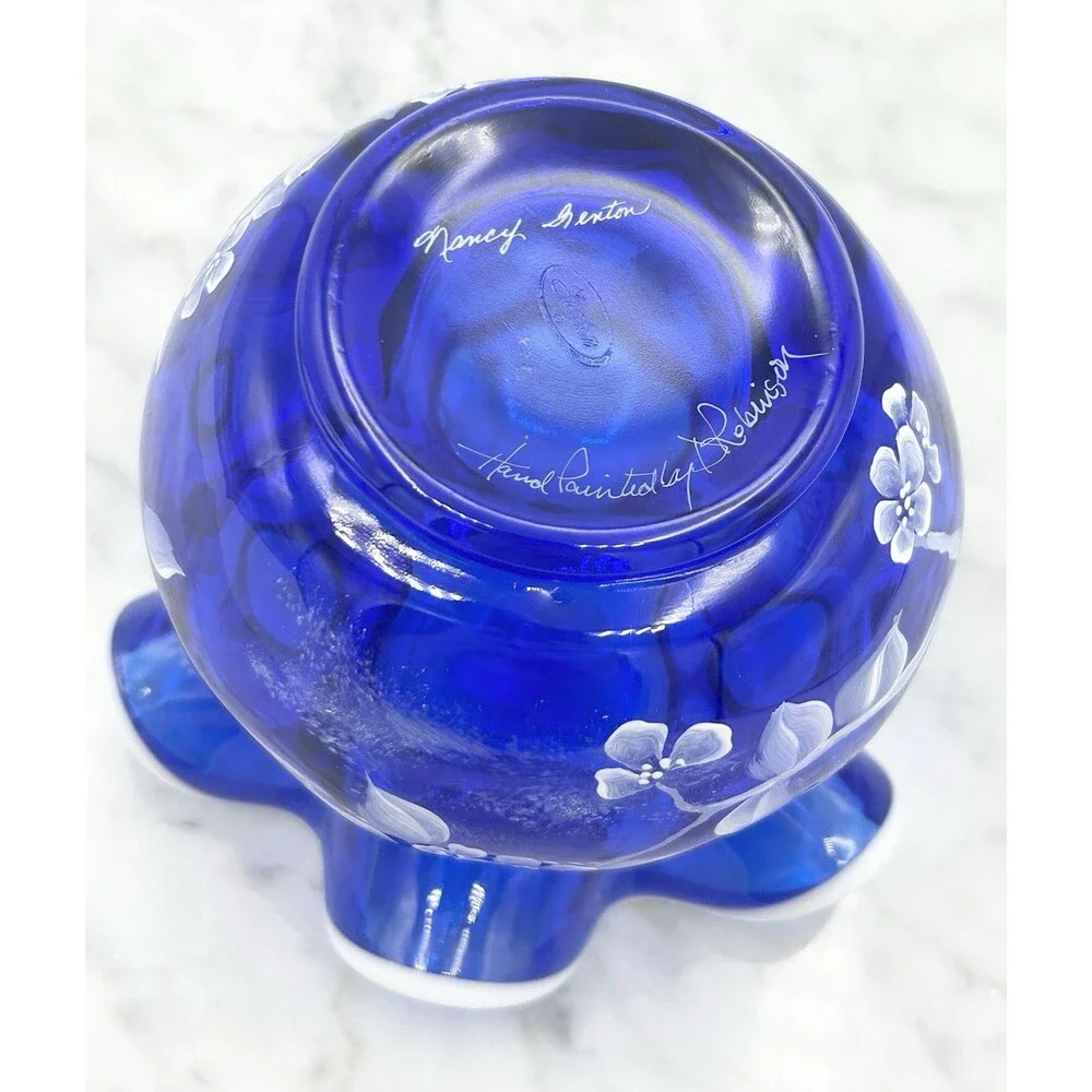 Fenton Cobalt Blue Snow Crest Rose Bowl Birds & Flowers Signed & Handpainted